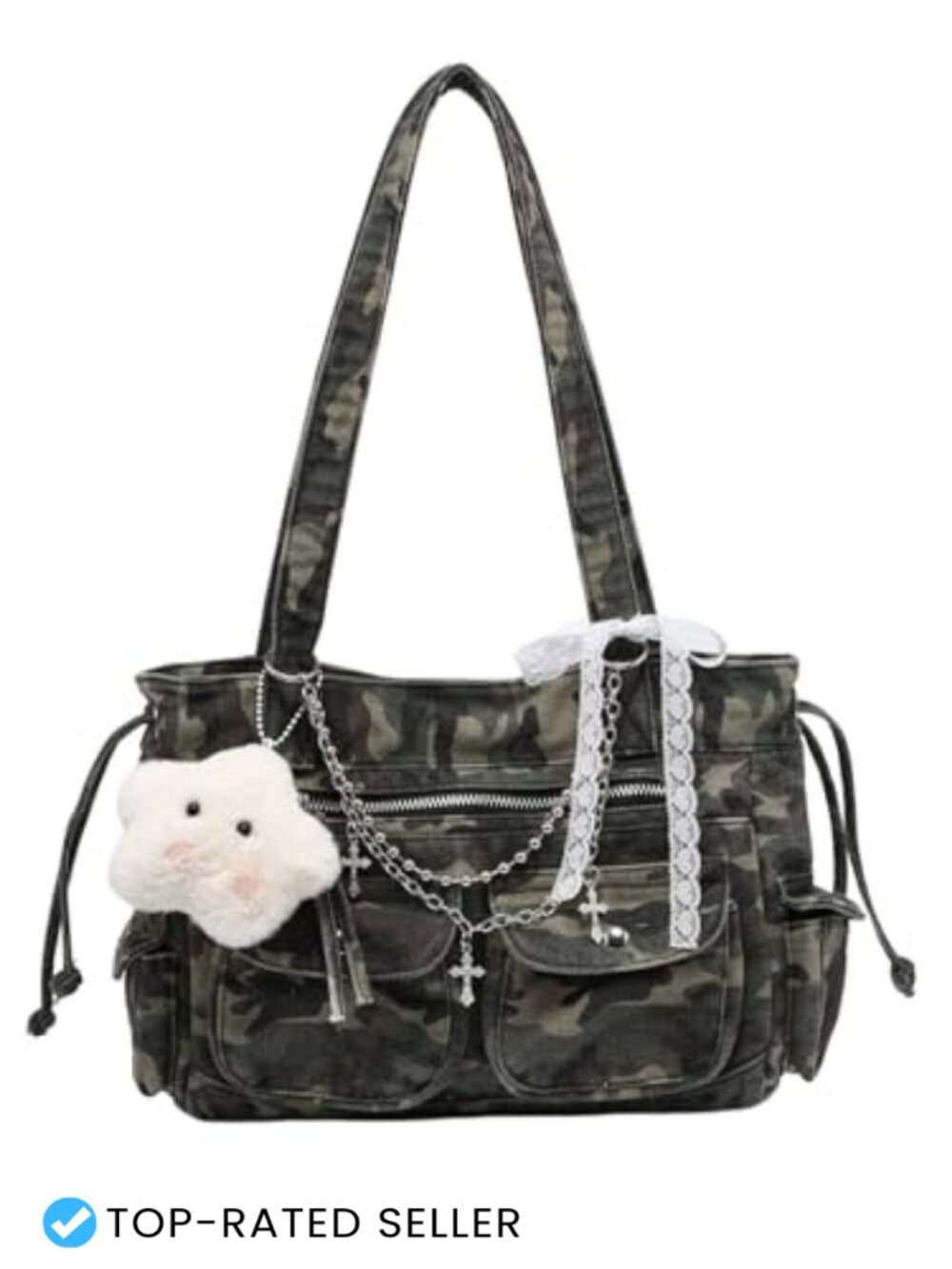 Camo Canvas Tote Bag Multi-Pocket Shoulder Handbag Y2K